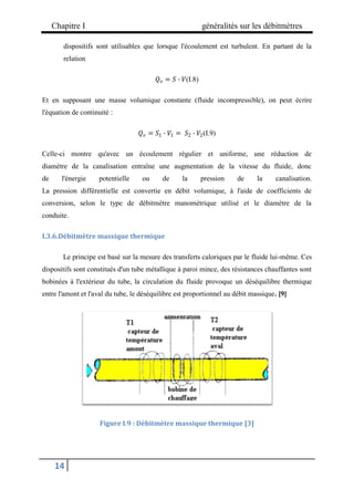 Chapitre I généralités sur les débitmètres
14
dispositifs sont utilisables que lorsque l'écoulement est turbulent. En partant de la
relation
𝑄𝑣 = 𝑆 ∙ 𝑉(I.8)
Et en supposant une masse volumique constante (fluide incompressible), on peut écrire
l'équation de continuité :
𝑄𝑣 = 𝑆1 ∙ 𝑉1 = 𝑆2 ∙ 𝑉2(I.9)
Celle-ci montre qu'avec un écoulement régulier et uniforme, une réduction de
diamètre de la canalisation entraîne une augmentation de la vitesse du fluide, donc
de l'énergie potentielle ou de la pression de la canalisation.
La pression différentielle est convertie en débit volumique, à l'aide de coefficients de
conversion, selon le type de débitmètre manométrique utilisé et le diamètre de la
conduite.
I.3.6.Débitmètre massique thermique
Le principe est basé sur la mesure des transferts caloriques par le fluide lui-même. Ces
dispositifs sont constitués d'un tube métallique à paroi mince, des résistances chauffantes sont
bobinées à l'extérieur du tube, la circulation du fluide provoque un déséquilibre thermique
entre l'amont et l'aval du tube, le déséquilibre est proportionnel au débit massique. [9]
Figure I.9 : Débitmètre massique thermique [3]
 