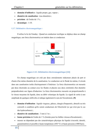 Chapitre I généralités sur les débitmètres
15
 domaine d'utilisation : liquide propre, gaz, vapeur ;
 diamètre de canalisation : tous diamètres ;
 précision : de l'ordre de 1 % ;
 dynamique : 1-10.
I.3.7. Débitmètre électromagnétique :
Il utilise la loi de Faraday : Quand un conducteur rectiligne se déplace dans un champ
magnétique, une force électromotrice est induite dans ce conducteur.
Figure I.10 : Débitmètre électromagnétique [10]
Un champ magnétique est créé par deux enroulements inducteurs placés de part et
d'autre d'un même diamètre de la canalisation. Le conducteur est le fluide lui-même, il circule
dans une canalisation isolée électriquement à l'intérieur. La force électromotrice est mesurée
par deux électrodes au contact avec les fluides et placées aux deux extrémités d'un diamètre
perpendiculaire aux lignes d'induction. La force électromotrice mesurée est proportionnelle à
la vitesse moyenne du liquide, donc au débit volumique du liquide. Le signal de sortie à une
amplitude de quelques millivolts et indique également le sens de l'écoulement. [9]
 domaine d'utilisation : liquide visqueux, pâteux, chargés d'impuretés, abrasifs ou très
corrosifs à condition qu'ils soient conducteurs de l'électricité (ce qui n'est pas le cas
des hydrocarbures) ;
 diamètre de canalisations : 3 mm à 3 m ;
 bonne précision de l'ordre de 1 % (limitée pour les faibles vitesses d'écoulement) ;
 mesure ne dépendant pas des caractéristiques physique du liquide (viscosité, densité,
granulométrie) et possible à haute température (450 °C) et haute pression (1000 bars).
 