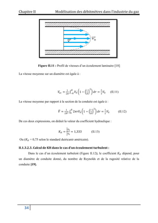 Chapitre II Modélisation des débitmètres dans l’industrie du gaz
34
Figure II.11 : Profil de vitesses d’un écoulement laminaire [18]
La vitesse moyenne sur un diamètre est égale à :
𝑉
𝑢𝑠 =
1
2𝑅
𝑉0 1 −
𝑟
𝑅
2
𝑑𝑟 =
2
3
𝑉0
𝑅
−𝑅
(II.11)
La vitesse moyenne par rapport à la section de la conduite est égale à :
𝑉 =
1
2𝑅2 2𝜋𝑟𝑉0 1 −
𝑟
𝑅
2
𝑑𝑟 =
1
2
𝑉0
𝑅
0
(II.12)
De ces deux expressions, on déduit la valeur du coefficient hydraulique :
𝐾𝐻 =
2
3
𝑉0
1
2
𝑉0
= 1,333 (II.13)
Ou (𝐾𝐻 = 0,75 selon le standard duiricanir américain).
II.1.3.2.3. Calcul de KH dans le cas d’un écoulement turbulent :
Dans le cas d’un écoulement turbulent (Figure II.12), le coefficient 𝐾𝐻 dépend, pour
un diamètre de conduite donné, du nombre de Reynolds et de la rugosité relative de la
conduite [19].
 
