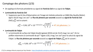 Comptage des photons (2/3)
▪ On applique la formule précédente au signal de Fond du Ciel et au signal de l’objet.
▪ Lumino...