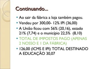 Continuando... Ao sair da fábrica a loja também pagou. Vendeu por 300,00- 12% IPI (36,00) A União ficou com 56% (20,16), estado 21% (7,74) e o município 22,5%  (8,10) TOTAL DE IMPOSTOS PAGO (APENAS 2 NOSSO E 1 DA FÁBRICA) 126,00 (ICMS E IPI) TOTAL DESTINADO A EDUCAÇÃO 30,07  