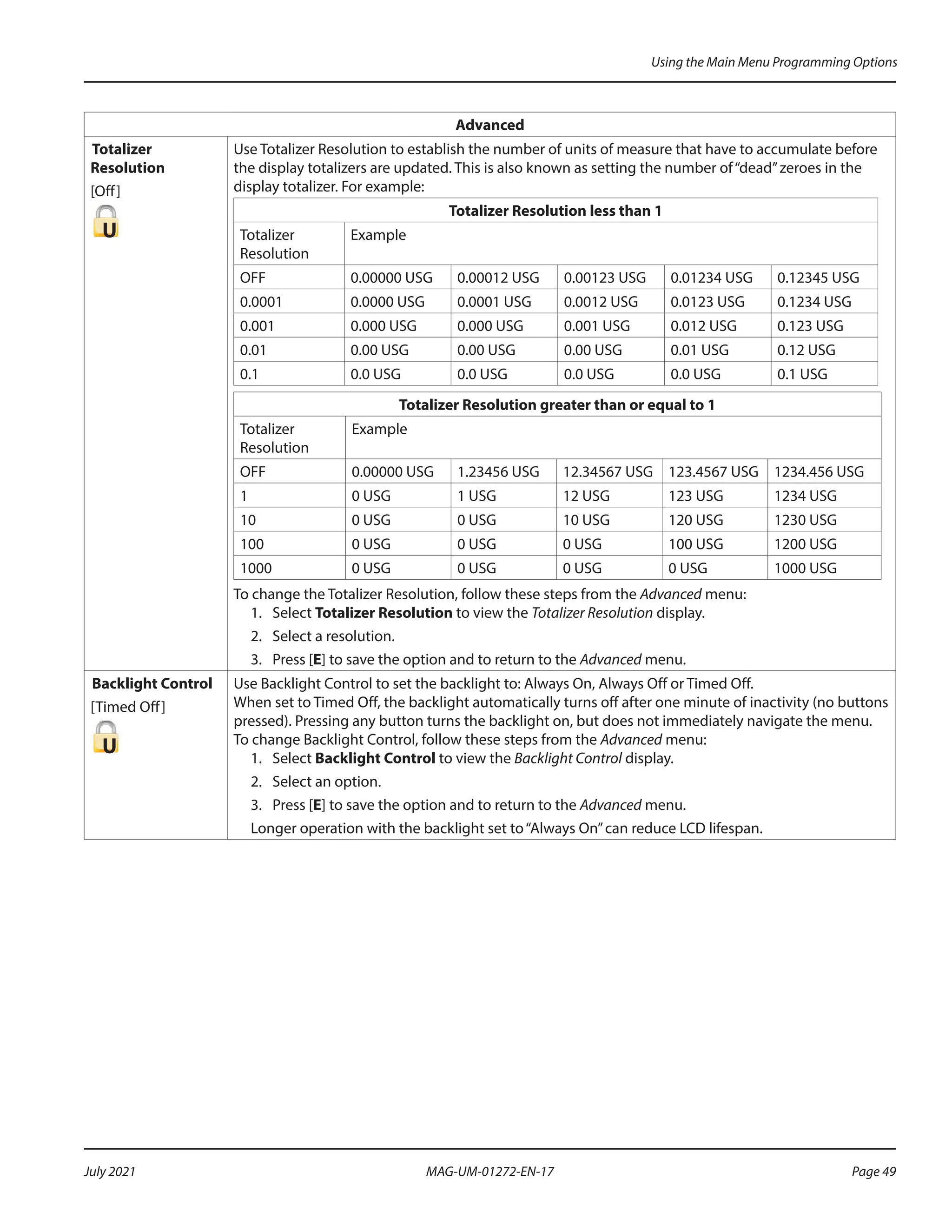 Advanced
Totalizer
Resolution
[Off]
U
Use Totalizer Resolution to establish the number of units of measure that have to accumulate before
the display totalizers are updated. This is also known as setting the number of“dead”zeroes in the
display totalizer. For example:
Totalizer Resolution less than 1
Totalizer
Resolution
Example
OFF 0.00000 USG 0.00012 USG 0.00123 USG 0.01234 USG 0.12345 USG
0.0001 0.0000 USG 0.0001 USG 0.0012 USG 0.0123 USG 0.1234 USG
0.001 0.000 USG 0.000 USG 0.001 USG 0.012 USG 0.123 USG
0.01 0.00 USG 0.00 USG 0.00 USG 0.01 USG 0.12 USG
0.1 0.0 USG 0.0 USG 0.0 USG 0.0 USG 0.1 USG
Totalizer Resolution greater than or equal to 1
Totalizer
Resolution
Example
OFF 0.00000 USG 1.23456 USG 12.34567 USG 123.4567 USG 1234.456 USG
1 0 USG 1 USG 12 USG 123 USG 1234 USG
10 0 USG 0 USG 10 USG 120 USG 1230 USG
100 0 USG 0 USG 0 USG 100 USG 1200 USG
1000 0 USG 0 USG 0 USG 0 USG 1000 USG
To change the Totalizer Resolution, follow these steps from the Advanced menu:
1.	Select Totalizer Resolution to view the Totalizer Resolution display.
2.	 Select a resolution.
3.	Press [E] to save the option and to return to the Advanced menu.
Backlight Control
[Timed Off]
U
Use Backlight Control to set the backlight to: Always On, Always Off or Timed Off.
When set to Timed Off, the backlight automatically turns off after one minute of inactivity (no buttons
pressed). Pressing any button turns the backlight on, but does not immediately navigate the menu.
To change Backlight Control, follow these steps from the Advanced menu:
1.	Select Backlight Control to view the Backlight Control display.
2.	 Select an option.
3.	Press [E] to save the option and to return to the Advanced menu.
Longer operation with the backlight set to“Always On”can reduce LCD lifespan.
Using the Main Menu Programming Options
Page 49
July 2021 MAG-UM-01272-EN-17
 
