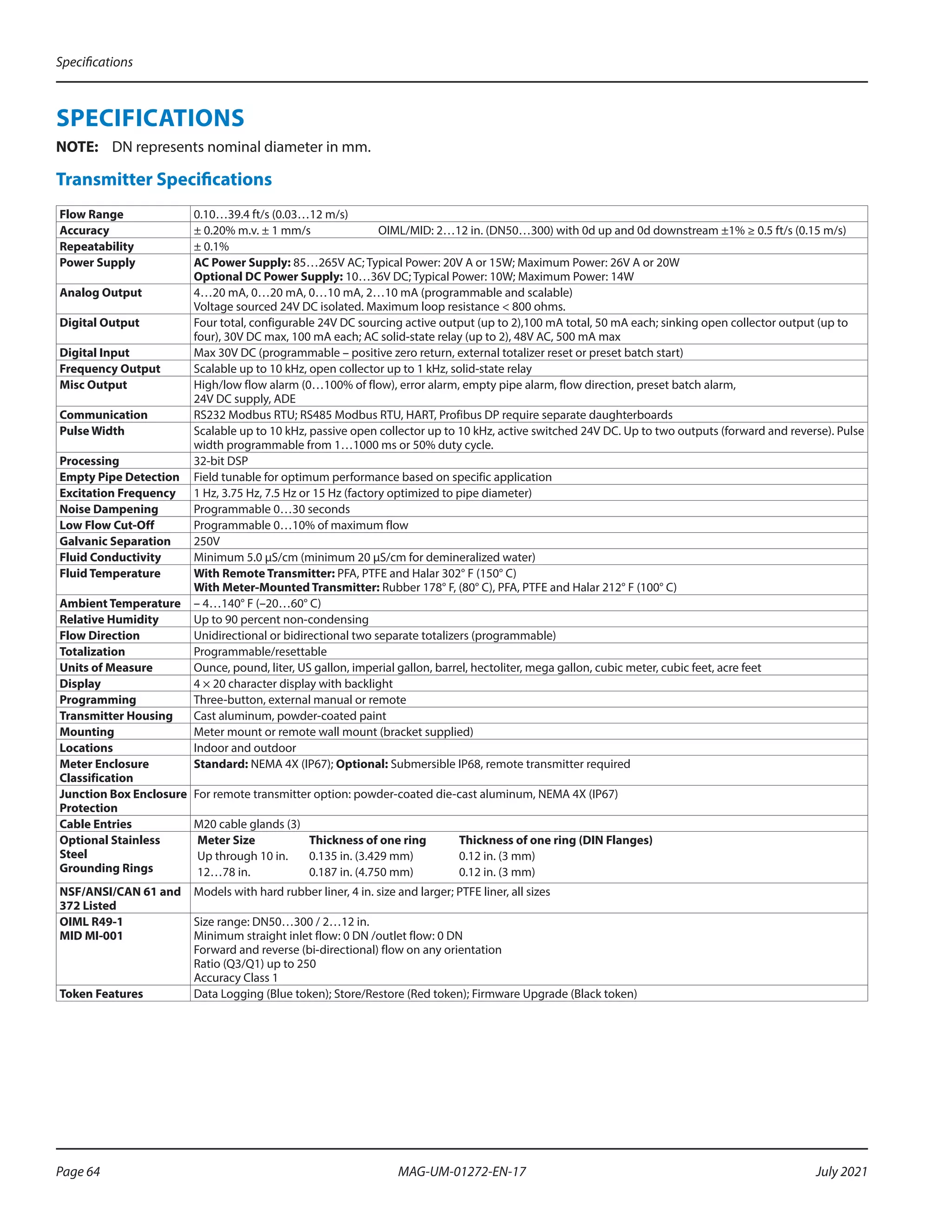 SPECIFICATIONS
OTE:	
N DN represents nominal diameter in mm.
Transmitter Specifications
Flow Range 0.10…39.4 ft/s (0.03…12 m/s)
Accuracy ± 0.20% m.v. ± 1 mm/s       OIML/MID: 2…12 in. (DN50…300) with 0d up and 0d downstream ±1% ≥ 0.5 ft/s (0.15 m/s)
Repeatability ± 0.1%
Power Supply AC Power Supply: 85…265V AC; Typical Power: 20V A or 15W; Maximum Power: 26V A or 20W
Optional DC Power Supply: 10…36V DC; Typical Power: 10W; Maximum Power: 14W
Analog Output 4…20 mA, 0…20 mA, 0…10 mA, 2…10 mA (programmable and scalable)
Voltage sourced 24V DC isolated. Maximum loop resistance  800 ohms.
Digital Output Four total, configurable 24V DC sourcing active output (up to 2),100 mA total, 50 mA each; sinking open collector output (up to
four), 30V DC max, 100 mA each; AC solid-state relay (up to 2), 48V AC, 500 mA max
Digital Input Max 30V DC (programmable – positive zero return, external totalizer reset or preset batch start)
Frequency Output Scalable up to 10 kHz, open collector up to 1 kHz, solid-state relay
Misc Output High/low flow alarm (0…100% of flow), error alarm, empty pipe alarm, flow direction, preset batch alarm,
24V DC supply, ADE
Communication RS232 Modbus RTU; RS485 Modbus RTU, HART, Profibus DP require separate daughterboards
Pulse Width Scalable up to 10 kHz, passive open collector up to 10 kHz, active switched 24V DC. Up to two outputs (forward and reverse). Pulse
width programmable from 1…1000 ms or 50% duty cycle.
Processing 32-bit DSP
Empty Pipe Detection Field tunable for optimum performance based on specific application
Excitation Frequency 1 Hz, 3.75 Hz, 7.5 Hz or 15 Hz (factory optimized to pipe diameter)
Noise Dampening Programmable 0…30 seconds
Low Flow Cut-Off Programmable 0…10% of maximum flow
Galvanic Separation 250V
Fluid Conductivity Minimum 5.0 µS/cm (minimum 20 µS/cm for demineralized water)
Fluid Temperature With Remote Transmitter: PFA, PTFE and Halar 302° F (150° C)
With Meter-Mounted Transmitter: Rubber 178° F, (80° C), PFA, PTFE and Halar 212° F (100° C)
Ambient Temperature – 4…140° F (–20…60° C)
Relative Humidity Up to 90 percent non-condensing
Flow Direction Unidirectional or bidirectional two separate totalizers (programmable)
Totalization Programmable/resettable
Units of Measure Ounce, pound, liter, US gallon, imperial gallon, barrel, hectoliter, mega gallon, cubic meter, cubic feet, acre feet
Display 4 × 20 character display with backlight
Programming Three-button, external manual or remote
Transmitter Housing Cast aluminum, powder-coated paint
Mounting Meter mount or remote wall mount (bracket supplied)
Locations Indoor and outdoor
Meter Enclosure
Classification
Standard: NEMA 4X (IP67); Optional: Submersible IP68, remote transmitter required
Junction Box Enclosure
Protection
For remote transmitter option: powder-coated die-cast aluminum, NEMA 4X (IP67)
Cable Entries M20 cable glands (3)
Optional Stainless
Steel
Grounding Rings
Meter Size Thickness of one ring Thickness of one ring (DIN Flanges)
Up through 10 in. 0.135 in. (3.429 mm) 0.12 in. (3 mm)
12…78 in. 0.187 in. (4.750 mm) 0.12 in. (3 mm)
NSF/ANSI/CAN 61 and
372 Listed
Models with hard rubber liner, 4 in. size and larger; PTFE liner, all sizes
OIML R49-1
MID MI-001
Size range: DN50…300 / 2…12 in.
Minimum straight inlet flow: 0 DN /outlet flow: 0 DN
Forward and reverse (bi-directional) flow on any orientation
Ratio (Q3/Q1) up to 250
Accuracy Class 1
Token Features Data Logging (Blue token); Store/Restore (Red token); Firmware Upgrade (Black token)
Specifications
Page 64 July 2021
MAG-UM-01272-EN-17
 