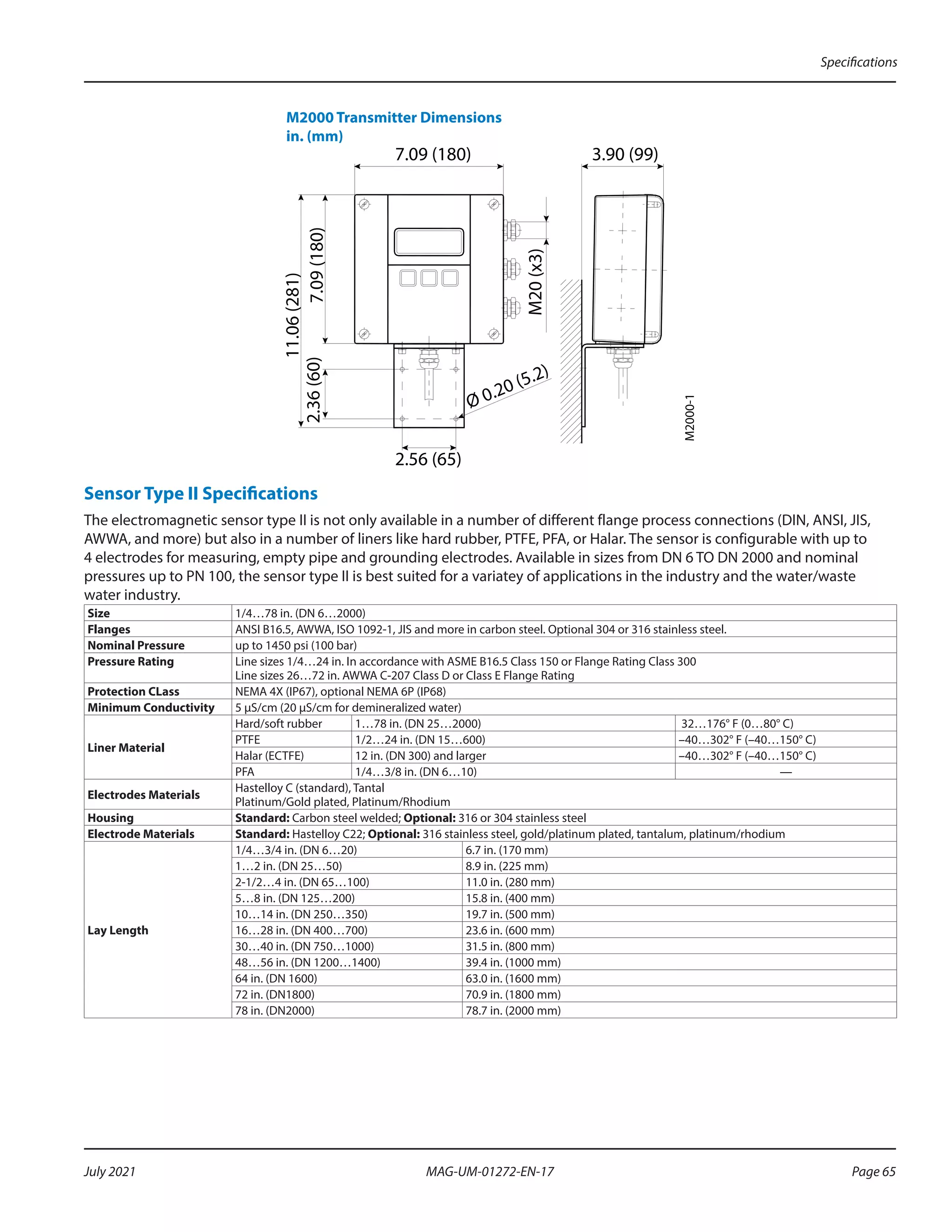 M2000 Transmitter Dimensions
in. (mm)
3.90 (99)
7.09 (180)
7.09
(180)
M20
(x3)
11.06
(281)
M2000-1
2.36
(60)
Ø 0.20 (5.2)
2.56 (65)
Sensor Type II Specifications
The electromagnetic sensor type II is not only available in a number of different flange process connections (DIN, ANSI, JIS,
AWWA, and more) but also in a number of liners like hard rubber, PTFE, PFA, or Halar. The sensor is configurable with up to
4 electrodes for measuring, empty pipe and grounding electrodes. Available in sizes from DN 6 TO DN 2000 and nominal
pressures up to PN 100, the sensor type II is best suited for a variatey of applications in the industry and the water/waste
water industry.
Size 1/4…78 in. (DN 6…2000)
Flanges ANSI B16.5, AWWA, ISO 1092-1, JIS and more in carbon steel. Optional 304 or 316 stainless steel.
Nominal Pressure up to 1450 psi (100 bar)
Pressure Rating Line sizes 1/4…24 in. In accordance with ASME B16.5 Class 150 or Flange Rating Class 300
Line sizes 26…72 in. AWWA C-207 Class D or Class E Flange Rating
Protection CLass NEMA 4X (IP67), optional NEMA 6P (IP68)
Minimum Conductivity 5 µS/cm (20 µS/cm for demineralized water)
Liner Material
Hard/soft rubber 1…78 in. (DN 25…2000) 32…176° F (0…80° C)
PTFE 1/2…24 in. (DN 15…600) –40…302° F (–40…150° C)
Halar (ECTFE) 12 in. (DN 300) and larger –40…302° F (–40…150° C)
PFA 1/4…3/8 in. (DN 6…10) —
Electrodes Materials
Hastelloy C (standard), Tantal
Platinum/Gold plated, Platinum/Rhodium
Housing Standard: Carbon steel welded; Optional: 316 or 304 stainless steel
Electrode Materials Standard: Hastelloy C22; Optional: 316 stainless steel, gold/platinum plated, tantalum, platinum/rhodium
Lay Length
1/4…3/4 in. (DN 6…20) 6.7 in. (170 mm)
1…2 in. (DN 25…50) 8.9 in. (225 mm)
2-1/2…4 in. (DN 65…100) 11.0 in. (280 mm)
5…8 in. (DN 125…200) 15.8 in. (400 mm)
10…14 in. (DN 250…350) 19.7 in. (500 mm)
16…28 in. (DN 400…700) 23.6 in. (600 mm)
30…40 in. (DN 750…1000) 31.5 in. (800 mm)
48…56 in. (DN 1200…1400) 39.4 in. (1000 mm)
64 in. (DN 1600) 63.0 in. (1600 mm)
72 in. (DN1800) 70.9 in. (1800 mm)
78 in. (DN2000) 78.7 in. (2000 mm)
Specifications
Page 65
July 2021 MAG-UM-01272-EN-17
 