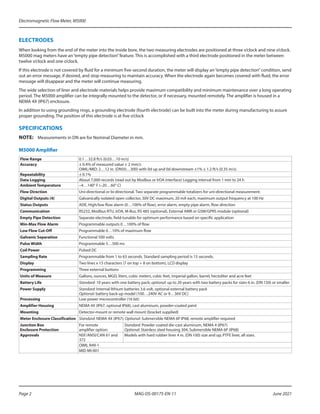 Electromagnetic Flow Meter, M5000
Page 2 June 2021
MAG-DS-00175-EN-11
ELECTRODES
When looking from the end of the meter into the inside bore, the two measuring electrodes are positioned at three o’clock and nine o’clock.
M5000 mag meters have an“empty pipe detection”feature. This is accomplished with a third electrode positioned in the meter between
twelve o’clock and one o’clock.
If this electrode is not covered by fluid for a minimum five-second duration, the meter will display an“empty pipe detection”condition, send
out an error message, if desired, and stop measuring to maintain accuracy. When the electrode again becomes covered with fluid, the error
message will disappear and the meter will continue measuring.
The wide selection of liner and electrode materials helps provide maximum compatibility and minimum maintenance over a long operating
period. The M5000 amplifier can be integrally mounted to the detector, or if necessary, mounted remotely. The amplifier is housed in a
NEMA 4X (IP67) enclosure.
In addition to using grounding rings, a grounding electrode (fourth electrode) can be built into the meter during manufacturing to assure
proper grounding. The position of this electrode is at five o’clock
SPECIFICATIONS
OTE:	
N Measurements in DN are for Nominal Diameter in mm.
M5000 Amplifier
Flow Range 0.1…32.8 ft/s (0.03…10 m/s)
Accuracy ± 0.4% of measured value ± 2 mm/s
OIML/MID: 2…12 in. (DN50…300) with 0d up and 0d downstream ±1% ≥ 1.2 ft/s (0.35 m/s)
Repeatability ± 0.1%
Data Logging About 7,000 records (read out by Modbus or IrDA interface) Logging interval from 1 min to 24 h
Ambient Temperature –4…140° F (–20…60° C)
Flow Direction Uni-directional or bi-directional. Two separate programmable totalizers for uni-directional measurement.
Digital Outputs (4) Galvanically isolated open collector, 30V DC maximum, 20 mA each, maximum output frequency at 100 Hz
Status Outputs ADE, High/low flow alarm (0…100% of flow), error alarm, empty pipe alarm, flow direction
Communication RS232, Modbus RTU, IrDA, M-Bus, RS 485 (optional), External AMR or GSM/GPRS module (optional)
Empty Pipe Detection Separate electrode, field-tunable for optimum performance based on specific application
Min-Max Flow Alarm Programmable outputs 0…100% of flow
Low Flow Cut-Off Programmable 0…10% of maximum flow
Galvanic Separation Functional 500 volts
Pulse Width Programmable 5…500 ms
Coil Power Pulsed DC
Sampling Rate Programmable from 1 to 63 seconds. Standard sampling period is 15 seconds.
Display Two lines x 15 characters (7 on top + 8 on bottom), LCD display
Programming Three external buttons
Units of Measure Gallons, ounces, MGD, liters, cubic meters, cubic feet, imperial gallon, barrel, hectoliter and acre feet
Battery Life Standard: 10 years with one battery pack; optional: up to 20 years with two battery packs for sizes 6 in. (DN 150) or smaller.
Power Supply Standard: Internal lithium batteries 3.6 volt, optional external battery pack
Optional: battery back-up model (100…240V AC or 9…36V DC)
Processing Low power microcontroller (16 bit)
Amplifier Housing NEMA 4X (IP67, optional IP68), cast aluminum, powder-coated paint
Mounting Detector-mount or remote wall mount (bracket supplied)
Meter Enclosure Classification Standard: NEMA 4X (IP67); Optional: Submersible NEMA 6P IP68, remote amplifier required
Junction Box
Enclosure Protection
For remote
amplifier option:
Standard: Powder coated die-cast aluminum, NEMA 4 (IP67)
Optional: Stainless steel housing 304, Submersible NEMA 6P (IP68)
Approvals NSF/ANSI/CAN 61 and
372
Models with hard rubber liner 4 in. (DN 100) size and up; PTFE liner, all sizes.
OIML R49-1
MID MI-001
 