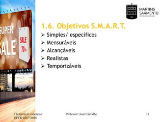 1.6. Objetivos S.M.A.R.T.
 Simples/ específicos
 Mensuráveis
 Alcançáveis
 Realistas
 Temporizáveis
Técnico(a) Comercial/
UFCD 0367/2018
Professor: José Carvalho 11
 