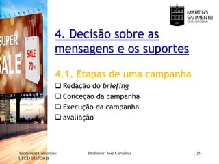 4. Decisão sobre as
mensagens e os suportes
4.1. Etapas de uma campanha
 Redação do briefing
 Conceção da campanha
 Execução da campanha
 avaliação
Técnico(a) Comercial/
UFCD 0367/2018
Professor: José Carvalho 25
 