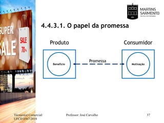 Técnico(a) Comercial/
UFCD 0367/2018
Professor: José Carvalho 37
Benefício Motivação
Produto Consumidor
Promessa
4.4.3.1. O papel da promessa
 