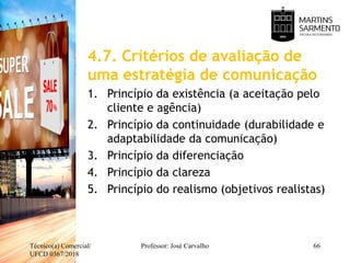 4.7. Critérios de avaliação de
uma estratégia de comunicação
1. Princípio da existência (a aceitação pelo
cliente e agência)
2. Princípio da continuidade (durabilidade e
adaptabilidade da comunicação)
3. Princípio da diferenciação
4. Princípio da clareza
5. Princípio do realismo (objetivos realistas)
Técnico(a) Comercial/
UFCD 0367/2018
Professor: José Carvalho 66
 