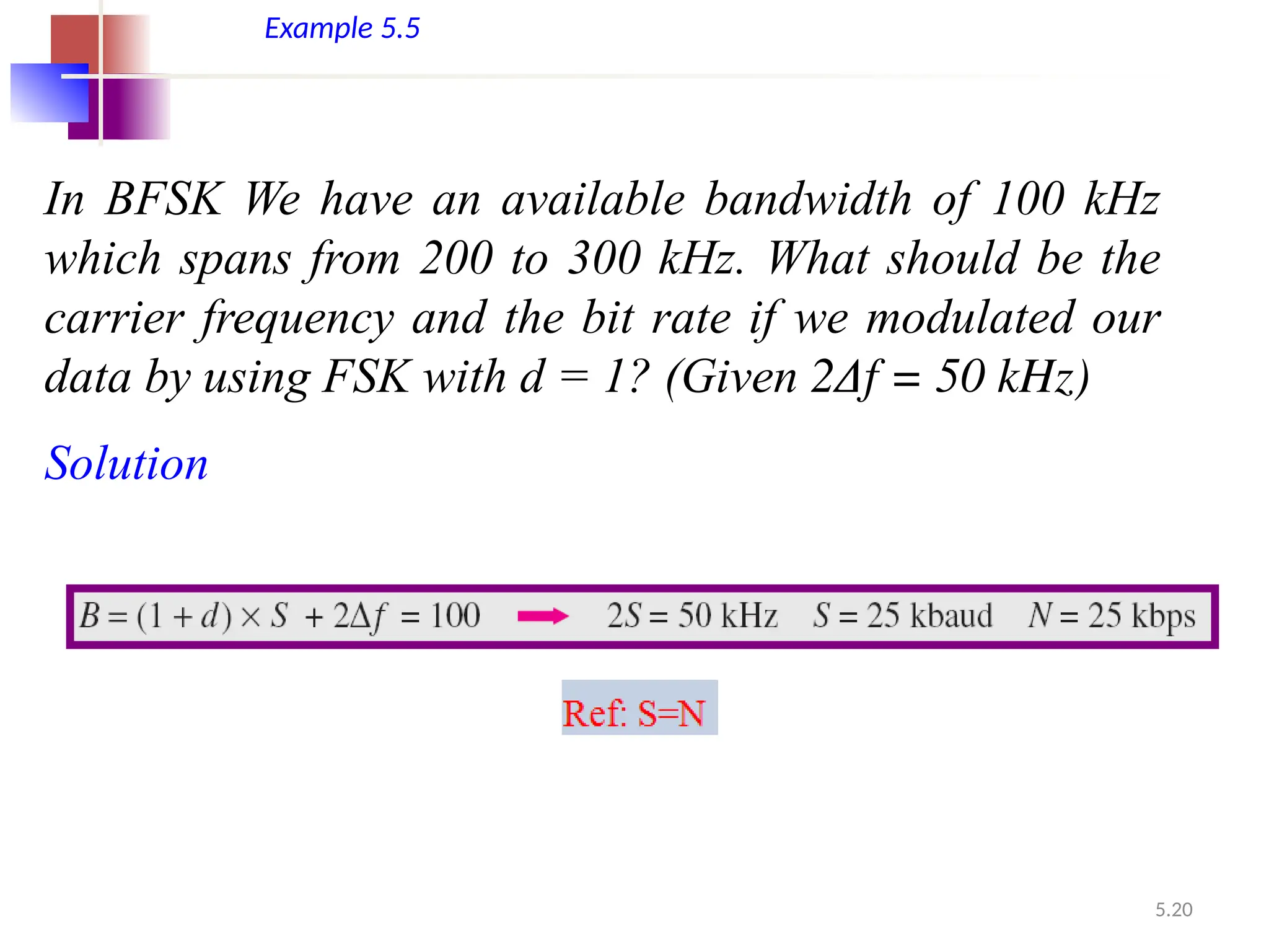 5.20
Example 5.5
In BFSK We have an available bandwidth of 100 kHz
which spans from 200 to 300 kHz. What should be the
carrier frequency and the bit rate if we modulated our
data by using FSK with d = 1? (Given 2Δf = 50 kHz)
Solution
 