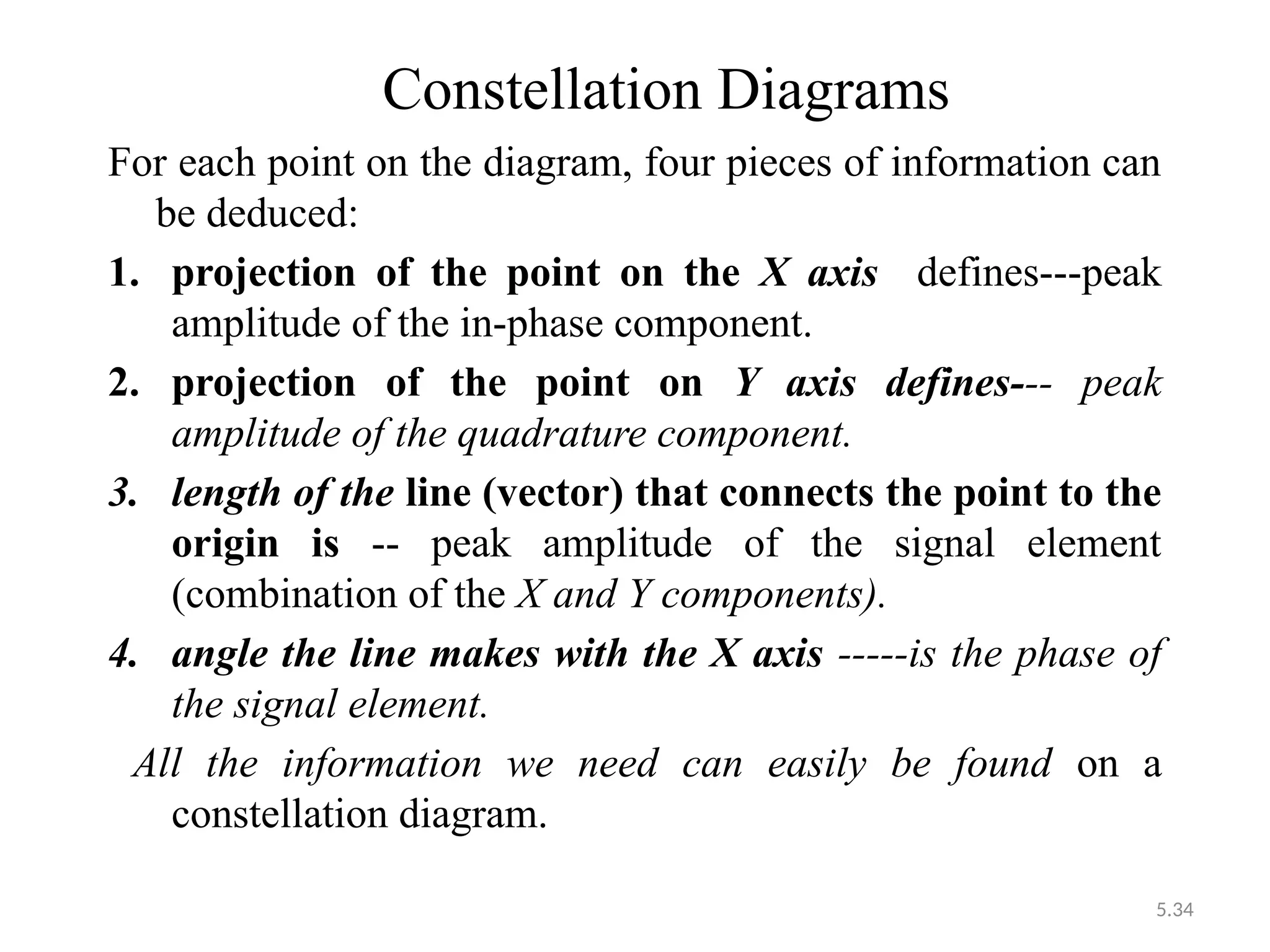 5.34
Constellation Diagrams
For each point on the diagram, four pieces of information can
be deduced:
1. projection of the point on the X axis defines---peak
amplitude of the in-phase component.
2. projection of the point on Y axis defines--- peak
amplitude of the quadrature component.
3. length of the line (vector) that connects the point to the
origin is -- peak amplitude of the signal element
(combination of the X and Y components).
4. angle the line makes with the X axis -----is the phase of
the signal element.
All the information we need can easily be found on a
constellation diagram.
 
