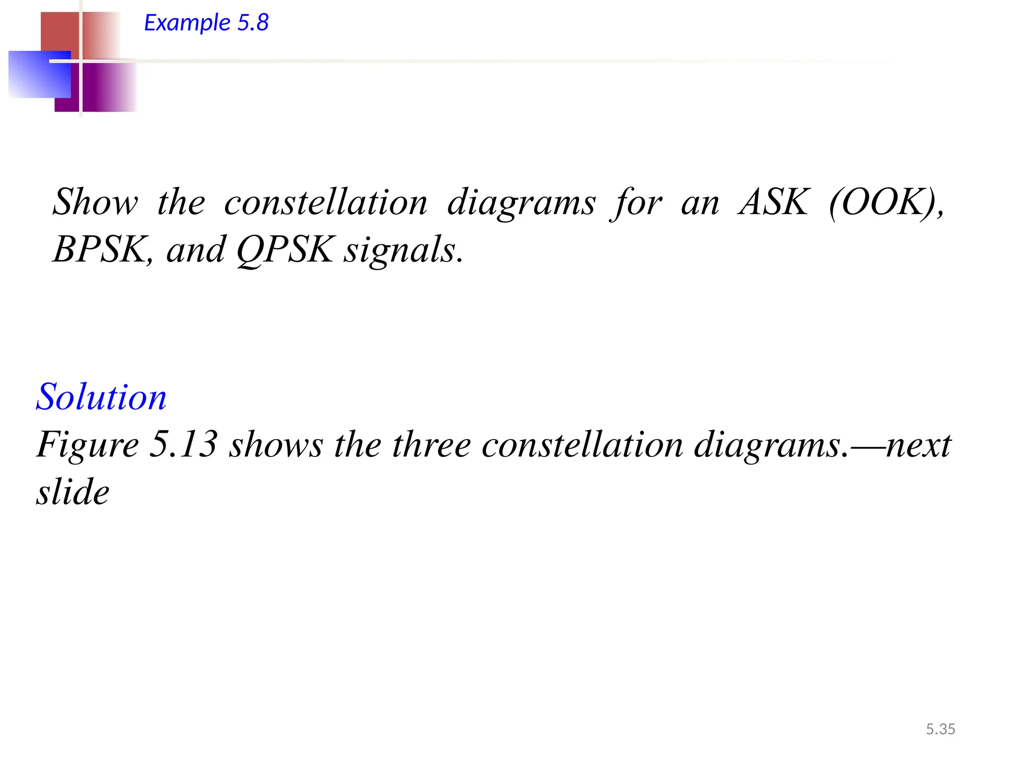 5.35
Example 5.8
Show the constellation diagrams for an ASK (OOK),
BPSK, and QPSK signals.
Solution
Figure 5.13 shows the three constellation diagrams.—next
slide
 