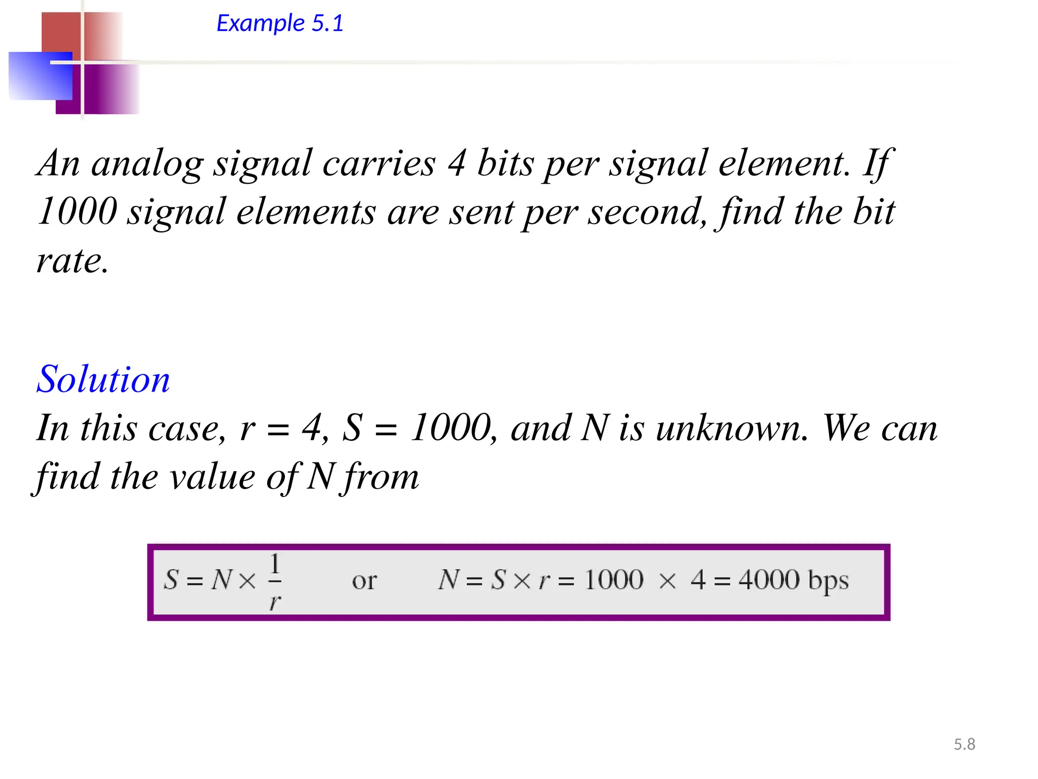 5.8
An analog signal carries 4 bits per signal element. If
1000 signal elements are sent per second, find the bit
rate.
Solution
In this case, r = 4, S = 1000, and N is unknown. We can
find the value of N from
Example 5.1
 