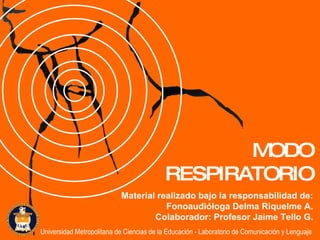 Material realizado bajo la responsabilidad de: Fonoaudióloga Delma Riquelme A. Colaborador: Profesor Jaime Tello G. MODO RESPIRATORIO Universidad Metropolitana de Ciencias de la Educación - Laboratorio de Comunicación y Lenguaje 