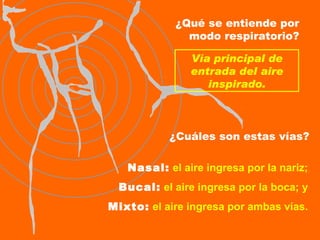 ¿Qué se entiende por modo respiratorio? Vía principal de entrada del aire inspirado. ¿Cuáles son estas vías? Nasal:  el aire ingresa por la nariz; Bucal:  el aire ingresa por la boca; y Mixto:  el aire ingresa por ambas vías. 
