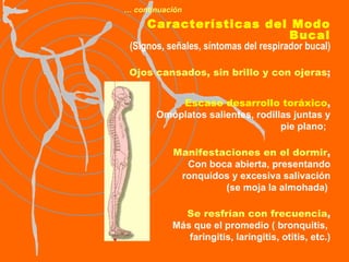 …  continuación   Características del Modo Bucal (Signos, señales, síntomas del respirador bucal) Escaso desarrollo toráxico , Omóplatos salientes, rodillas juntas y pie plano;   Manifestaciones en el dormir , Con boca abierta, presentando ronquidos y excesiva salivación (se moja la almohada)  Ojos cansados, sin brillo y con ojeras ;   Se resfrían con frecuencia , Más que el promedio ( bronquitis,  faringitis, laringitis, otitis, etc.) 