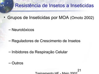21
Resistência de Insetos a Inseticidas
• Grupos de Inseticidas por MOA (Omoto 2002)
– Neurotóxicos
– Reguladores de Crescimento de Insetos
– Inibidores da Respiração Celular
– Outros
 