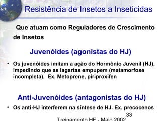 33
Resistência de Insetos a Inseticidas
Que atuam como Reguladores de Crescimento
de Insetos
• Os juvenóides imitam a ação do Hormônio Juvenil (HJ),
impedindo que as lagartas empupem (metamorfose
incompleta). Ex. Metoprene, piriproxifen
Juvenóides (agonistas do HJ)
Anti-Juvenóides (antagonistas do HJ)
• Os anti-HJ interferem na síntese de HJ. Ex. precocenos
 