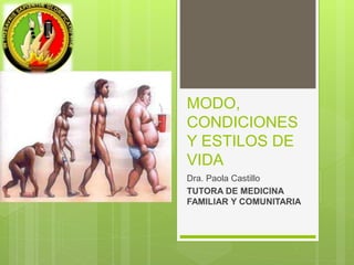 MODO,
CONDICIONES
Y ESTILOS DE
VIDA
Dra. Paola Castillo
TUTORA DE MEDICINA
FAMILIAR Y COMUNITARIA
 