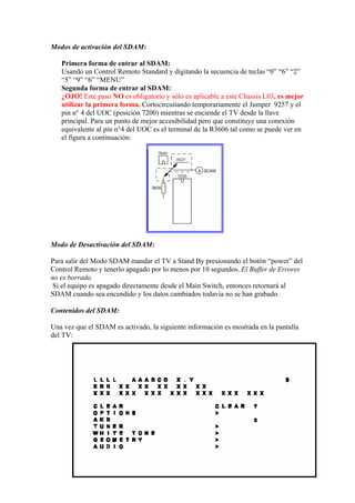 Modos de activación del SDAM:

   Primera forma de entrar al SDAM:
   Usando un Control Remoto Standard y digitando la secuencia de teclas “0” “6” “2”
   “5” “9” “6” “MENU”
   Segunda forma de entrar al SDAM:
   ¿OJO! Este paso NO es obligatorio y sólo es aplicable a este Chassis L03, es mejor
   utilizar la primera forma. Cortocircuitando temporariamente el Jumper 9257 y el
   pin n° 4 del UOC (posición 7200) mientras se enciende el TV desde la llave
   principal. Para un punto de mejor accesibilidad pero que constituye una conexión
   equivalente al pin n°4 del UOC es el terminal de la R3606 tal como se puede ver en
   el figura a continuación:




Modo de Desactivación del SDAM:

Para salir del Modo SDAM mandar el TV a Stand By presionando el botón “power” del
Control Remoto y tenerlo apagado por lo menos por 10 segundos. El Buffer de Errores
no es borrado.
Si el equipo es apagado directamente desde el Main Switch, entonces retornará al
SDAM cuando sea encendido y los datos cambiados todavía no se han grabado.

Contenidos del SDAM:

Una vez que el SDAM es activado, la siguiente información es mostrada en la pantalla
del TV:
 
