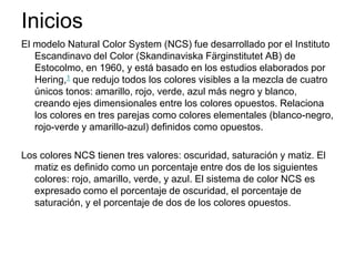 IniciosEl modelo Natural Color System (NCS) fue desarrollado por el Instituto Escandinavo del Color (SkandinaviskaFärginstitutet AB) de Estocolmo, en 1960, y está basado en los estudios elaborados por Hering,1que redujo todos los colores visibles a la mezcla de cuatro únicos tonos: amarillo, rojo, verde, azul más negro y blanco,creando ejes dimensionales entre los colores opuestos. Relaciona los colores en tres parejas como colores elementales (blanco-negro, rojo-verde y amarillo-azul) definidos como opuestos.Los colores NCS tienen tres valores: oscuridad, saturación y matiz. El matiz es definido como un porcentaje entre dos de los siguientes colores: rojo, amarillo, verde, y azul. El sistema de color NCS es expresado como el porcentaje de oscuridad, el porcentaje de saturación, y el porcentaje de dos de los colores opuestos.