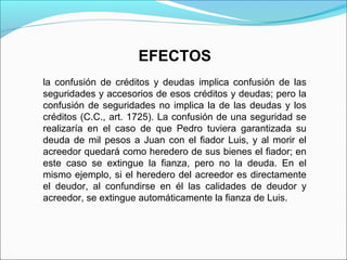 EFECTOS
la confusión de créditos y deudas implica confusión de las
seguridades y accesorios de esos créditos y deudas; pero la
confusión de seguridades no implica la de las deudas y los
créditos (C.C., art. 1725). La confusión de una seguridad se
realizaría en el caso de que Pedro tuviera garantizada su
deuda de mil pesos a Juan con el fiador Luis, y al morir el
acreedor quedará como heredero de sus bienes el fiador; en
este caso se extingue la fianza, pero no la deuda. En el
mismo ejemplo, si el heredero del acreedor es directamente
el deudor, al confundirse en él las calidades de deudor y
acreedor, se extingue automáticamente la fianza de Luis.
 