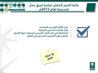 ‫عمل‬ ‫فريق‬ ‫مبادرة‬ ‫ألفضل‬ ‫التميز‬ ‫جائزة‬
‫لعام‬ ‫تحسينية‬2015‫م‬
57
o‫نشر‬‫ثقافة‬‫التحسين‬‫المستمر‬
o‫إبراز‬‫مبادرات‬‫التحسين‬‫المميزة‬
o‫المشاركة‬‫في‬‫نشر‬‫آليات‬‫التحسين‬‫ليستفيد‬‫منها‬‫ال‬‫جميع‬
o‫التحفيز‬‫على‬‫التحسين‬‫المستمر‬‫في‬‫العمل‬
 