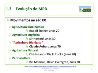 1.3. Evolução do MPB
 Movimentos no séc XX
 Agricultura Biodinâmica
 Rudolf Steiner, anos 20
 Agricultura Orgânica
 Sir Howard, anos 30
 “Agricultura Biológica”
 Claude Aubert, anos 70
 Agricultura Natural
 Okada (anos 30), Fukuoka (anos 70)
 Permacultura
 Bill Mollison, David Holmgren, anos 70
Fonte: http://www.organic-world.net/yearbook-2012-presentations.html?&L=0
10
Modo Produção Biológico
José Almendra
 