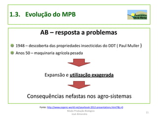 1.3. Evolução do MPB
AB – resposta a problemas
 1948 – descoberta das propriedades insecticidas do DDT ( Paul Muller )
 Anos 50 – maquinaria agrícola pesada
Expansão e utilização exagerada
Consequências nefastas nos agro-sistemas
Fonte: http://www.organic-world.net/yearbook-2012-presentations.html?&L=0
11
Modo Produção Biológico
José Almendra
 