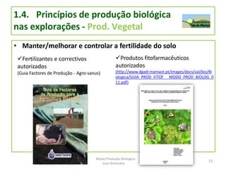 1.4. Princípios de produção biológica
nas explorações - Prod. Vegetal
• Manter/melhorar e controlar a fertilidade do solo
Fertilizantes e correctivos
autorizados
(Guia Factores de Produção - Agro-sanus)
Produtos fitofarmacêuticos
autorizados
(http://www.dgadr.mamaot.pt/images/docs/val/bio/Bi
ologica/GUIA_PROD_FITOF MODO_PROD_BIOLOG_0
11.pdf)
23
Modo Produção Biológico
José Almendra
 