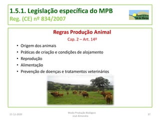 1.5.1. Legislação específica do MPB
Reg. (CE) nº 834/2007
Regras Produção Animal
Cap. 2 – Art. 14º
• Origem dos animais
• Práticas de criação e condições de alojamento
• Reprodução
• Alimentação
• Prevenção de doenças e tratamentos veterinários
21-12-2020 37
Modo Produção Biológico
José Almendra
 