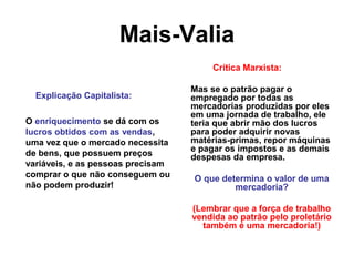 Mais-Valia
Explicação Capitalista:
O enriquecimento se dá com os
lucros obtidos com as vendas,
uma vez que o mercado necessita
de bens, que possuem preços
variáveis, e as pessoas precisam
comprar o que não conseguem ou
não podem produzir!
Crítica Marxista:
Mas se o patrão pagar o
empregado por todas as
mercadorias produzidas por eles
em uma jornada de trabalho, ele
teria que abrir mão dos lucros
para poder adquirir novas
matérias-primas, repor máquinas
e pagar os impostos e as demais
despesas da empresa.
O que determina o valor de uma
mercadoria?
(Lembrar que a força de trabalho
vendida ao patrão pelo proletário
também é uma mercadoria!)
 