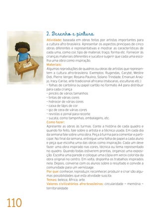 2. Desenho e pintura
Atividade: baseada em obras feitas por artistas importantes para
a cultura afro-brasileira. Apresentar os aspectos principais de cinco
obras diferentes e representativas e mostrar as características de
cada uma, como cor, tipo de material, traço, forma etc. Fornecer às
crianças materiais diferentes e sucata e sugerir que cada uma esco-
lha uma obra como inspiração.
Materiais:
Algumas reproduções de quadros ou obras de artistas que represen-
tem a cultura afro-brasileira. Exemplos: Rugendas, Carybé, Mestre
Didi, Pierre Verger, Rosana Paulino, Solano Trindade, Emanuel Araú-
jo, Iracy Carise, arte tradicional africana (máscaras, esculturas etc.)
– folhas de cartolina ou papel cartão no formato A4 para distribuir
para cada criança
– pincéis de vários tamanhos
– tintas de várias cores
– hidrocor de várias cores
– caixa de lápis de cor
– giz de cera de várias cores
– revistas e jornal para recorte
– sucata, como tampinhas, embalagens, etc.
Como fazer:
Apresente as obras às turmas. Conte a história de cada quadro e
quando foi feito, fale sobre o artista e a técnica usada. Em cada dia
da semana fale sobre uma obra. Peça à turma para comentar e parti-
cipar. No final da semana, entregue uma folha de papel a cada aluno
e peça que escolha uma das obras como inspiração. Cada um deve
fazer uma obra inspirado nas cores, técnica ou tema representado
no quadro. Quando todas estiverem prontas, organize uma exposi-
ção. Escolha uma parede e coloque uma cópia em xerox colorida da
obra original no centro. Em volta, disponha os trabalhos inspirados
nela. Depois, converse com os alunos sobre o resultado e convide a
comunidade para um vernissage.
Por que: conhecer, reproduzir, reconhecer, produzir e criar são algu-
mas possibilidades que esta atividade suscita.
Temas: beleza; África; arte.
Valores civilizatórios afro-brasileiros: circularidade — memória —
territorialidade
110
 
