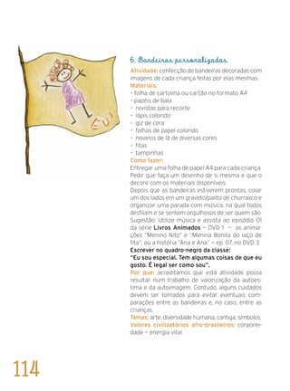 6. Bandeiras personalizadas
Atividade: confecção de bandeiras decoradas com
imagens de cada criança feitas por elas mesmas.
Materiais:
– folha de cartolina ou cartão no formato A4
– papéis de bala
– revistas para recorte
– lápis colorido
– giz de cera
– folhas de papel colorido
– novelos de lã de diversas cores
– fitas
– tampinhas
Como fazer:
Entregar uma folha de papel A4 para cada criança.
Pedir que faça um desenho de si mesma e que o
decore com os materiais disponíveis.
Depois que as bandeiras estiverem prontas, colar
um dos lados em um graveto/palito de churrasco e
organizar uma parada com música, na qual todos
desfilam e se sentem orgulhosos de ser quem são.
Sugestão: Utilize música e assista ao episódio 01
da série Livros Animados — DVD 1 — as anima-
ções “Menino Nito” e “Menina Bonita do laço de
fita”; ou a história “Ana e Ana” — ep. 07, no DVD 3.
Escrever no quadro-negro da classe:
“Eu sou especial. Tem algumas coisas de que eu
gosto. É legal ser como sou”.
Por que: acreditamos que esta atividade possa
resultar num trabalho de valorização da autoes-
tima e da autoimagem. Contudo, alguns cuidados
devem ser tomados para evitar eventuais com-
parações entre as bandeiras e, no caso, entre as
crianças.
Temas: arte; diversidade humana; cantiga; símbolos.
Valores civilizatórios afro-brasileiros: corporei-
dade — energia vital
114
 