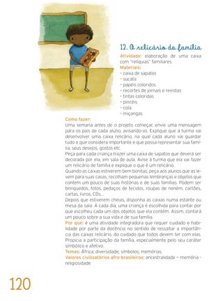 12. O relicário da família
Atividade: elaboração de uma caixa
com “relíquias” familiares.
Materiais:
– caixa de sapatos
– sucata
– papéis coloridos
– recortes de jornais e revistas
– tintas coloridas
– pincéis
– cola
– miçangas
Como fazer:
Uma semana antes de o projeto começar, envie uma mensagem
para os pais de cada aluno, avisando-os. Explique que a turma vai
desenvolver uma caixa relicário, na qual cada aluno vai guardar
tudo o que considera importante e que possa representar sua famí-
lia, seus desejos, gostos etc.
Peça para cada criança trazer uma caixa de sapatos que deverá ser
decorada por ela, em sala de aula. Avise à turma que ela vai fazer
um relicário de família e explique o que é um relicário.
Quando as caixas estiverem bem bonitas, peça aos alunos que as le-
vem para suas casas, recolham pequenas lembranças e objetos que
contem um pouco de suas histórias e de suas famílias. Podem ser
brinquedos, fotos, pedaços de tecidos, roupas de neném, cartões,
cartas, livros, CDs...
Depois que estiverem cheias, disponha as caixas numa estante ou
mesa da sala. A cada dia, uma criança é escolhida para contar por
que escolheu cada um dos objetos que ela contém. Assim, contará
um pouco sobre a sua vida e de sua família.
Por que: é uma atividade integradora que requer cuidado e habi-
lidade por parte da docência no sentido de ressaltar a importân-
cia das caixas relicário, do cuidado que todos devem ter com elas.
Propicia a participação da família, especialmente pelo seu caráter
simbólico e afetivo.
Temas: África; diversidade; símbolos; memórias.
Valores civilizatórios afro-brasileiros: ancestralidade — memória -
religiosidade
120
 