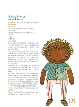 13. Meu boneco/
minha boneca
Atividade: confecção de boneco em tama-
nho natural.
Materiais:
– folhas de papel kraft 66cm x 96cm
– hidrocor
– grãos, como macarrão, feijão, arroz
– fios de lã
– fitas
– retalhos
– miçangas
Como fazer: Numa folha grande de papel
kraft, desenhe o contorno do corpo de uma
criança, como se fosse um boneco de mel
(ver desenho).
Entregue um desenho para cada crian-
ça. Envie um bilhete para os pais, pedindo
que a ajudem a decorá-lo, de forma que se
pareça com ela. Usar os grãos (macarrão,
feijão, arroz etc.) para fazer cabelo e rosto.
Usar retalhos para a roupa e miçangas para
a decoração.
Pendure todos os desenhos na parede da
sala e peça para que cada criança fale um
pouco sobre como “se representou” no de-
senho.
Por que: além de trabalhar proporções,
permite que as crianças conheçam melhor
o próprio corpo, trabalhando a autoestima,
a consciência corporal, o autoconhecimen-
to. Possibilita uma integração família-esco-
la, uma participação da família na constru-
ção do trabalho pedagógico da criança.
Temas: África; diversidade; símbolos; me-
mórias.
Valores civilizatórios: corporeidade — co-
munitarismo — cooperativismo
121
 
