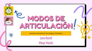 Examen semestral: Fonología y fonética.
MODOS DE
MODOS DE
ARTICULACIÓN
ARTICULACIÓN
Lara Astrid
Moya Yarelis
 
