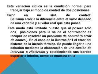 Esta variación cíclica es la condición normal para trabajar bajo el modo de control de dos posiciones. Error en un sist. de control:Se llama error a la diferencia entre el valor deseado de una variable y el valor real que esta posee Este modo está limitado puesto que al poseer solo dos  posiciones para la salida el controlador es incapaz de resolver un problema de control (o error de control). En el caso de la ilustración1 el error del sistema es la inercia térmica. Se puede llegar a una solución mediante la elaboración de una Acción de Intervalo o Histéresis y estableciendo sus bordes superior e inferior, como se muestra en la