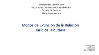 Modos de Extinción de la Relación
Jurídica Tributaria
Universidad Fermín Toro
Facultad de Ciencias Jurídicas y Políticas
Escuela de Derecho
Barquisimeto-Lara
Participante:
José García
C.I: 17.504.337
 