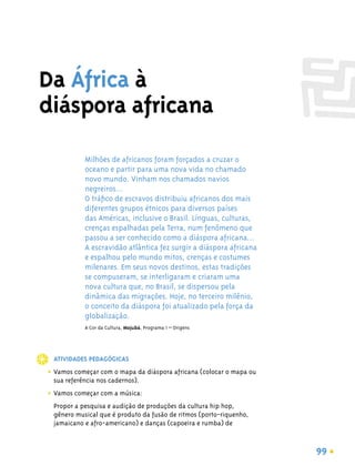 Da África à
diáspora africana
           Milhões de africanos foram forçados a cruzar o
           oceano e partir para uma nova vida no chamado
           novo mundo. Vinham nos chamados navios
           negreiros...
           O tráﬁco de escravos distribuiu africanos dos mais
           diferentes grupos étnicos para diversos países
           das Américas, inclusive o Brasil. Línguas, culturas,
           crenças espalhadas pela Terra, num fenômeno que
           passou a ser conhecido como a diáspora africana...
           A escravidão atlântica fez surgir a diáspora africana
           e espalhou pelo mundo mitos, crenças e costumes
           milenares. Em seus novos destinos, estas tradições
           se compuseram, se interligaram e criaram uma
           nova cultura que, no Brasil, se dispersou pela
           dinâmica das migrações. Hoje, no terceiro milênio,
           o conceito da diáspora foi atualizado pela força da
           globalização.
           A Cor da Cultura, Mojubá, Programa 1 – Origens




 ATIVIDADES PEDAGÓGICAS

• Vamos começar com o mapa da diáspora africana (colocar o mapa ou
 sua referência nos cadernos).

• Vamos começar com a música:
 Propor a pesquisa e audição de produções da cultura hip hop,
 gênero musical que é produto da fusão de ritmos (porto-riquenho,
 jamaicano e afro-americano) e danças (capoeira e rumba) de



                                                                     99
 