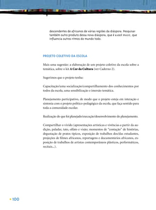 descendentes de africanos de várias regiões da diáspora. Pesquisar
           também outro produto dessa nova diáspora, que é a axé music, que
           inﬂuencia outros ritmos do mundo todo.




      PROJETO COLETIVO DA ESCOLA

      Mais uma sugestão: a elaboração de um projeto coletivo da escola sobre a
      temática, sobre o kit A Cor da Cultura (ver Caderno 2).

      Sugerimos que o projeto tenha:

      Capacitação/uma socialização/compartilhamento dos conhecimentos por
      todos da escola, uma sensibilização e imersão temática.

      Planejamento participativo, de modo que o projeto esteja em interação e
      sintonia com o projeto político-pedagógico da escola, que faça sentido para
      toda a comunidade escolar.

      Realização do que foi planejado/execução/desenvolvimento do planejamento.

      Compartilhar o vivido (apresentações artísticas e vivências a partir da au-
      dição, paladar, tato, olfato e visão; momentos de “contação” de histórias,
      degustação de pratos típicos, exposição de trabalhos dos/das estudantes,
      projeções de ﬁlmes africanos, reportagens e documentários africanos, ex-
      posição de trabalhos de artistas contemporâneos plásticos, performáticos,
      recitais...).




100
 