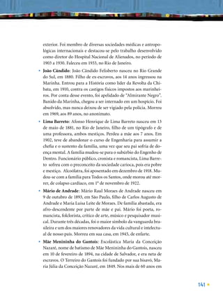 exterior. Foi membro de diversas sociedades médicas e antropo-
    lógicas internacionais e destacou-se pelo trabalho desenvolvido
    como diretor do Hospital Nacional de Alienados, no período de
    1903 a 1930. Faleceu em 1933, no Rio de Janeiro.
•   João Cândido: João Cândido Felisberto nasceu no Rio Grande
    do Sul, em 1880. Filho de ex-escravos, aos 14 anos ingressou na
    Marinha. Entrou para a História como líder da Revolta da Chi-
    bata, em 1910, contra os castigos físicos impostos aos marinhei-
    ros. Por conta desse evento, foi apelidado de “Almirante Negro”.
    Banido da Marinha, chegou a ser internado em um hospício. Foi
    absolvido, mas nunca deixou de ser vigiado pela polícia. Morreu
    em 1969, aos 89 anos, no anonimato.
•   Lima Barreto: Afonso Henrique de Lima Barreto nasceu em 13
    de maio de 1881, no Rio de Janeiro, ﬁlho de um tipógrafo e de
    uma professora, ambos mestiços. Perdeu a mãe aos 7 anos. Em
    1902, teve de abandonar o curso de Engenharia para assumir a
    cheﬁa e o sustento da família, uma vez que seu pai sofria de do-
    ença mental. A família mudou-se para o subúrbio do Engenho de
    Dentro. Funcionário público, cronista e romancista, Lima Barre-
    to sofreu com o preconceito da sociedade carioca, pois era pobre
    e mestiço. Alcoólatra, foi aposentado em dezembro de 1918. Mu-
    dou-se com a família para Todos os Santos, onde morou até mor-
    rer, de colapso cardíaco, em 1° de novembro de 1922.
•   Mário de Andrade: Mário Raul Moraes de Andrade nasceu em
    9 de outubro de 1893, em São Paulo, ﬁlho de Carlos Augusto de
    Andrade e Maria Luisa Leite de Moraes. De família abastada, era
    afro-descendente por parte de mãe e pai. Mário foi poeta, ro-
    mancista, folclorista, crítico de arte, músico e pesquisador musi-
    cal. Durante três décadas, foi o maior símbolo da vanguarda bra-
    sileira e um dos maiores renovadores da vida cultural e intelectu-
    al de nosso país. Morreu em sua casa, em 1945, de enfarte.
•   Mãe Menininha do Gantois: Escolástica Maria da Conceição
    Nazaré, nome de batismo de Mãe Menininha do Gantois, nasceu
    em 10 de fevereiro de 1894, na cidade de Salvador, e era neta de
    escravos. O Terreiro do Gantois foi fundado por sua bisavó, Ma-
    ria Júlia da Conceição Nazaré, em 1849. Nos mais de 60 anos em



                                                                         141
 