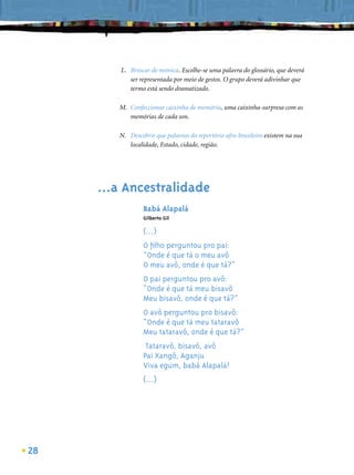 L. Brincar de mímica. Escolhe-se uma palavra do glossário, que deverá
           ser representada por meio de gestos. O grupo deverá adivinhar que
           termo está sendo dramatizado.

        M. Confeccionar caixinha de memória, uma caixinha-surpresa com as
           memórias de cada um.

        N. Descobrir que palavras do repertório afro-brasileiro existem na sua
           localidade, Estado, cidade, região.




     ...a Ancestralidade
                 Babá Alapalá
                 Gilberto Gil

                 (...)
                 O ﬁlho perguntou pro pai:
                 “Onde é que tá o meu avô
                 O meu avô, onde é que tá?”
                 O pai perguntou pro avô:
                 “Onde é que tá meu bisavô
                 Meu bisavô, onde é que tá?”
                 O avô perguntou pro bisavô:
                 “Onde é que tá meu tataravô
                 Meu tataravô, onde é que tá?”
                  Tataravô, bisavô, avô
                 Pai Xangô, Aganju
                 Viva egum, babá Alapalá!
                 (...)




28
 