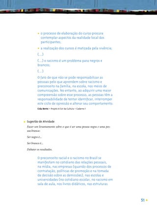 • o processo de elaboraçãorealidade local dos
                                         do curso procura
                contemplar aspectos da
                 participantes;

              • a realização dos cursos é matizada pela vivência;
              (...)
              (...) o racismo é um problema para negros e
              brancos;
              (...)
              O fato de que não se pode responsabilizar as
              pessoas pelo que aprendem sobre racismo e
              preconceito na família, na escola, nos meios de
              comunicações. No entanto, ao adquirir uma maior
              compreensão sobre esse processo, as pessoas têm a
              responsabilidade de tentar identiﬁcar, interromper
              este ciclo de opressão e alterar seu comportamento.
              Cida Bento – Projeto A Cor da Cultura – Caderno 1




■   Sugestão de Atividade
    Fazer um levantamento sobre o que é ser uma pessoa negra e uma pes-
    soa branca:

    Ser negro é...

    Ser branco é...

    Debater os resultados.

              O preconceito racial e o racismo no Brasil se
              manifestam no cotidiano das relações pessoais,
              na mídia, nas empresas (quando dos processos de
              contratação, políticas de promoção e na tomada
              de decisão sobre as demissões), nas escolas e
              universidades (no cotidiano escolar, no racismo em
              sala de aula, nos livros didáticos, nas estruturas



                                                                          51
 