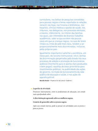 curriculares, nas bolsas de pesquisas concedidas
                 para pessoas negras e temas reportados às relações
                 raciais), nas lojas, nas livrarias e bibliotecas, nos
                 hospitais, clínicas médicas e postos de saúde, nos
                 tribunais, nas delegacias, nos processos eleitorais,
                 e mesmo, infelizmente, no interior das famílias
                 nas quais, por intermédio de diversos trabalhos
                 acadêmicos, sabe-se que existem não poucos
                 casos em que as crianças negras, no caso de terem
                 irmãos ou irmãs de pele mais clara, tendem a ser
                 proporcionalmente mais discriminadas, inclusive,
                 pelos próprios pais.
                 Igualmente importante é salientar a existência, em
                 nosso país, do racismo institucional, isto é, formas
                 de discriminação perpetradas pelo Estado nos seus
                 processos de seleção e promoção de funcionários
                 públicos (mormente para os postos mais graduados
                 e bem pagos), escolhas de áreas prioritárias para
                 investimentos públicos, na publicidade das ações
                 do governo, no modo de funcionamento da rede
                 pública de educação e saúde, e nas ações do
                 aparato policial.
                 Marcelo Paixão – Projeto A Cor da Cultura –Caderno 1




     ■   Sugestão de Atividade
         Promover internamente, entre os proﬁssionais de educação, um estudo
         mais aprofundado sobre:

         A discriminação agravada sobre as mulheres negras.

         Cenário de genocídio sobre os jovens negros.

         Após esse estudo interno, pode-se pensar em atividades com os jovens e
         para os jovens.




52
 