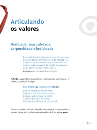 Articulando
os valores

Oralidade, musicalidade,
corporeidade e ludicidade

               É importante sublinhar que um tema-destaque em
               qualquer abordagem musical é o da tradição oral.
               A oralidade é uma característica inerente ao ato
               musical, seja no aspecto da criação, da execução
               ou da preservação dos seus códigos.
               Charles Murray, em: http://www.tvebrasil.com.br/salto




Parlendas - gênero literário cujo foco é eminentemente a repetição e a re-
corrência, como, por exemplo:

               Hoje é Domingo (autor desconhecido)
               Hoje é domingo/pede cachimbo
               Cachimbo é de ouro/bate no touro
               O touro é valente/bate na gente
               A gente é fraco/cai no buraco
               O buraco é fundo/acabou-se o mundo.


Histórias cantadas, adivinhas, charadas, trava-línguas, o samba, o afoxé, a
congada (dança afro-brasileira, um auto em forma de cortejo), o jongo:




                                                                              81
 