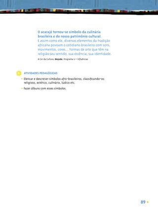 O acarajé tornou-se símbolo da culinária
             brasileira e do nosso patrimônio cultural.
             E assim como ele, diversos elementos da tradição
             africana povoam o cotidiano brasileiro com sons,
             movimentos, cores... Formas de arte que têm na
             religião seu sentido, sua essência, sua identidade.
             A Cor da Cultura, Mojubá, Programa 4 – Inﬂuências




  ATIVIDADES PEDAGÓGICAS

• Elencar e descrever símbolos afro-brasileiros, classiﬁcando-os:
  religioso, estético, culinário, lúdico etc.

• Fazer álbuns com esses símbolos.




                                                                    89
 