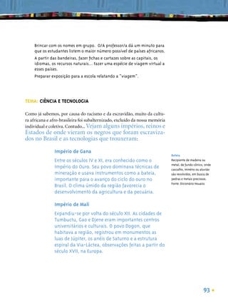 Brincar com os nomes em grupo. O/A professor/a dá um minuto para
     que os estudantes listem o maior número possível de países africanos.
     A partir das bandeiras, fazer ﬁchas e cartazes sobre as capitais, os
     idiomas, os recursos naturais... Fazer uma espécie de viagem virtual a
     esses países.
     Preparar exposição para a escola relatando a “viagem”.




TEMA: CIÊNCIA E TECNOLOGIA

Como já sabemos, por causa do racismo e da escravidão, muito da cultu-
ra africana e afro-brasileira foi subalternizado, excluído da nossa memória
individual e coletiva. Contudo... Vejam alguns impérios, reinos e
Estados de onde vieram os negros que foram escraviza-
dos no Brasil e as tecnologias que trouxeram:

               Império de Gana
                                                                              Bateia
               Entre os séculos IV e XI, era conhecido como o                 Recipiente de madeira ou
                                                                              metal, de fundo cônico, onde
               Império do Ouro. Seu povo dominava técnicas de                 cascalho, minério ou aluvião
               mineração e usava instrumentos como a bateia,                  são revolvidos, em busca de
               importante para o avanço do ciclo do ouro no                   pedras e metais preciosos.
                                                                              Fonte: Dicionário Houaiss
               Brasil. O clima úmido da região favorecia o
               desenvolvimento da agricultura e da pecuária.

               Império de Mali
               Expandiu-se por volta do século XII. As cidades de
               Tumbuctu, Gao e Djene eram importantes centros
               universitários e culturais. O povo Dogon, que
               habitava a região, registrou em monumentos as
               luas de Júpiter, os anéis de Saturno e a estrutura
               espiral da Via-Láctea, observações feitas a partir do
               século XVII, na Europa.




                                                                                                    93
 