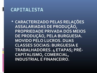 CAPITALISTA
 CARACTERIZADO PELAS RELAÇÕES
ASSALARIADAS DE PRODUÇÃO,
PROPRIEDADE PRIVADA DOS MEIOS
DE PRODUÇÃO, PELA BURGUESIA.
MOVIDO PELO LUCROS. DUAS
CLASSES SOCIAIS: BURGUESIA E
TRABALHADORES. 4 ETAPAS; PRÉ-
CAPITALISMO, COMERCIAL,
INDUSTRIAL E FINANCEIRO.
 
