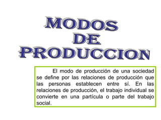 MODOS DE PRODUCCION El modo de producción de una sociedad se define por las relaciones de producción que las personas establecen entre sí. En las relaciones de producción, el trabajo individual se convierte en una partícula o parte del trabajo social. 